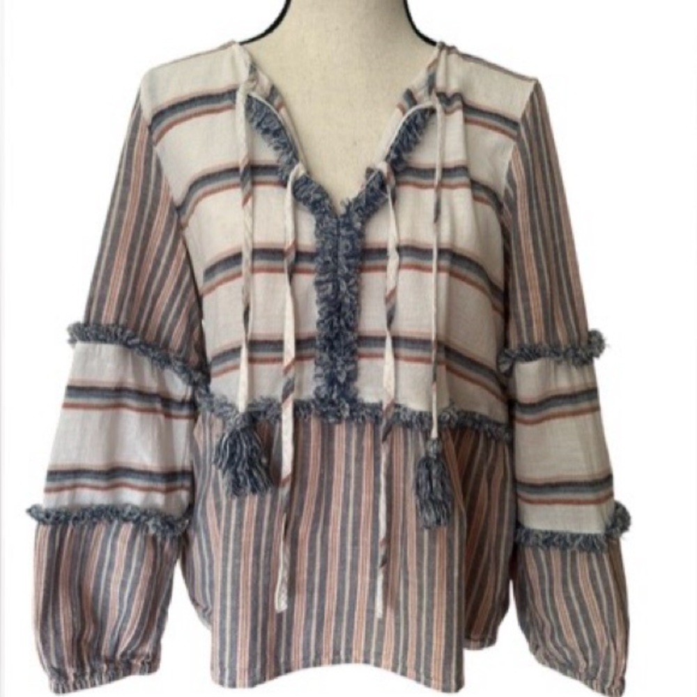 American Eagle Boho Top Tassel Fringe Peasant Blouse Cotton Linen Striped Shirt